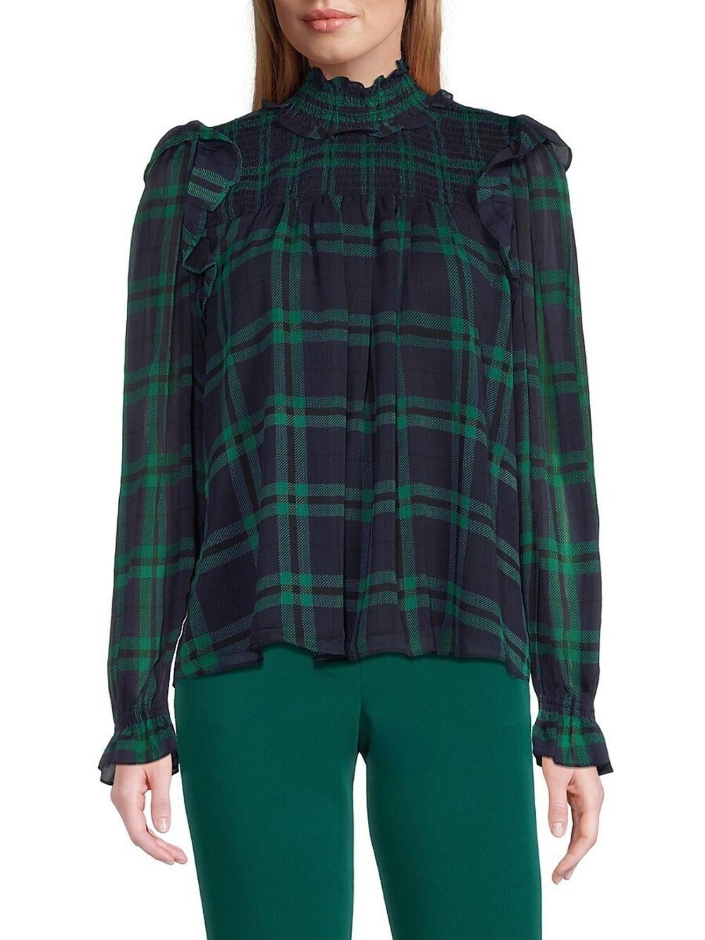 Tommy Hilfiger Women's Plaid Ruffled Mock Turtleneck Blouse Green Size M 0642